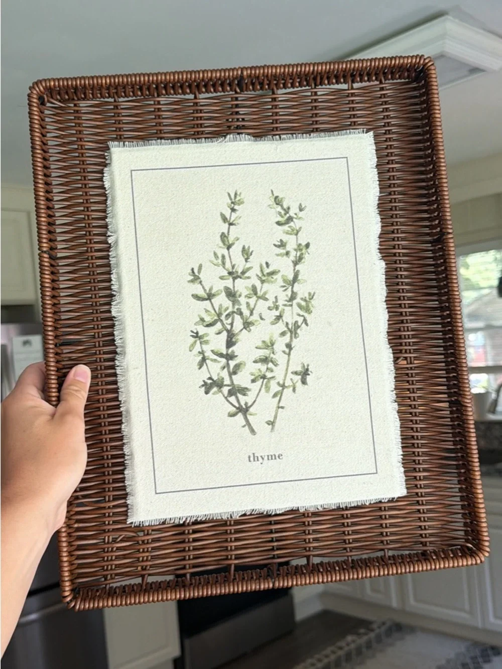 Brown Wicker Tray with Green Thyme & rosemary Botanical Print